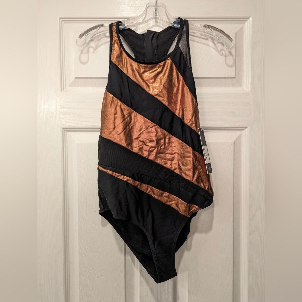 NWT Nicole Miller black gold metallic One Piece back zipper mech Swimsuit Sz 10